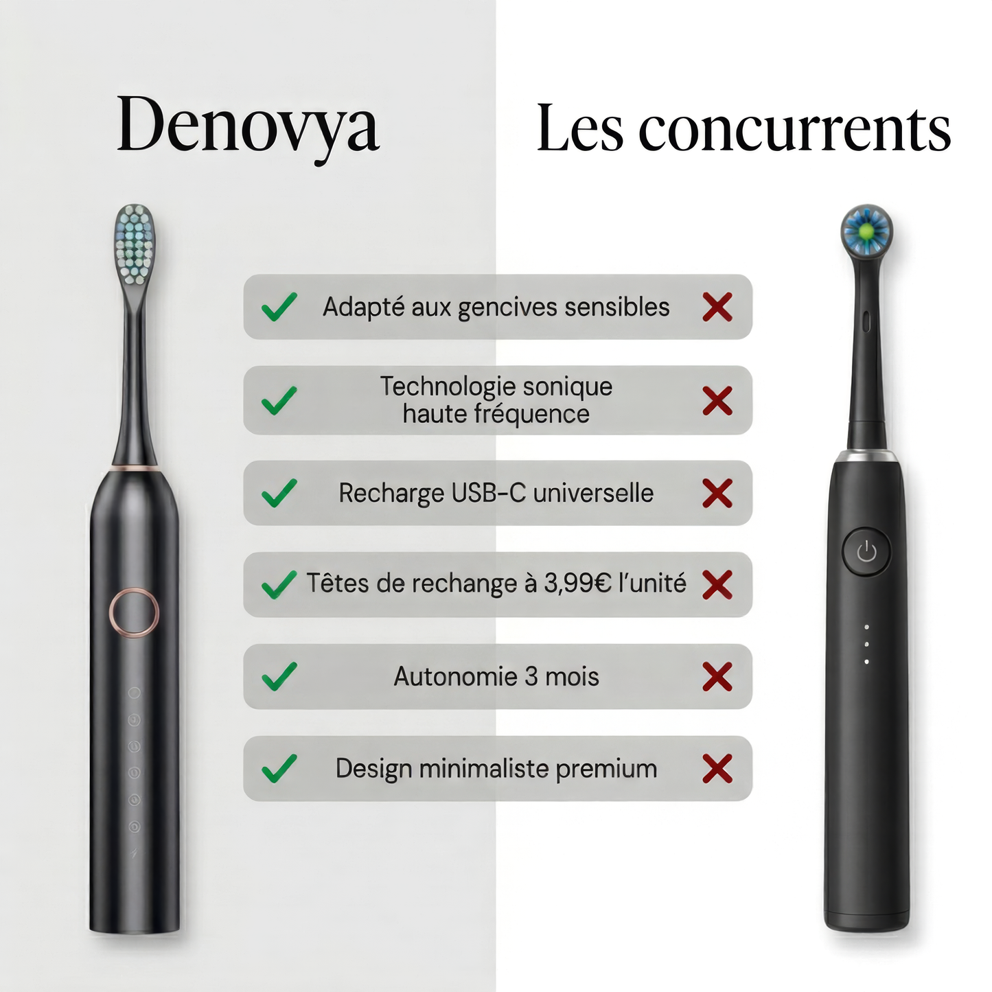 Brosse Sonique DENOVYA | 40 000 vibrations par minute pour aller là où votre brosse manuelle ne va jamais